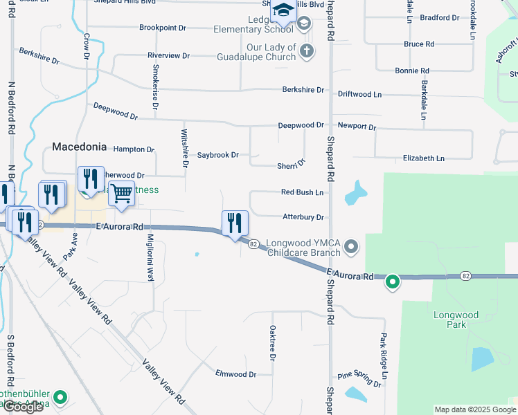 map of restaurants, bars, coffee shops, grocery stores, and more near 1237 Atterbury Drive in Macedonia
