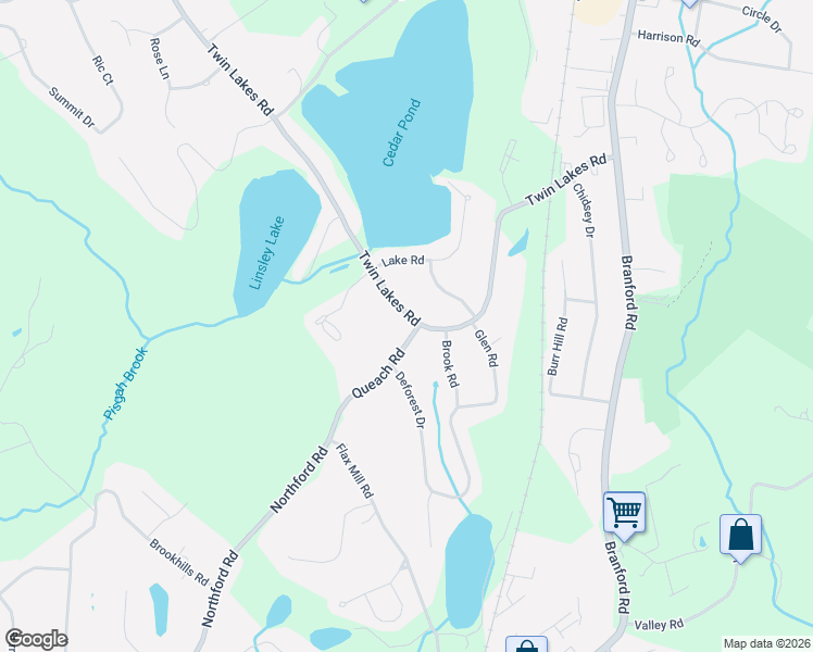 map of restaurants, bars, coffee shops, grocery stores, and more near 261 Twin Lakes Road in North Branford
