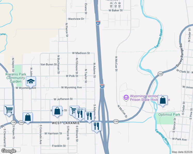 map of restaurants, bars, coffee shops, grocery stores, and more near Interstate 80 in Laramie