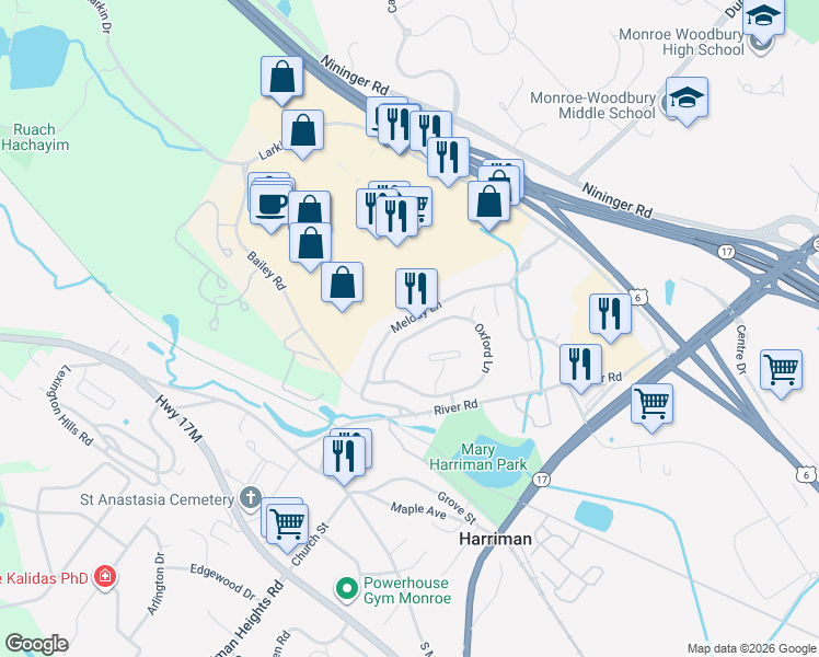 map of restaurants, bars, coffee shops, grocery stores, and more near 61 Oxford Lane in Harriman
