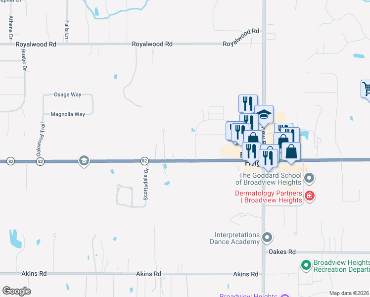map of restaurants, bars, coffee shops, grocery stores, and more near 1550 West Royalton Road in Broadview Heights