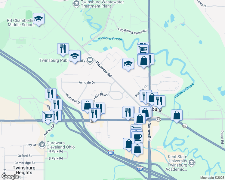 map of restaurants, bars, coffee shops, grocery stores, and more near 2644 Burridge Circle in Twinsburg