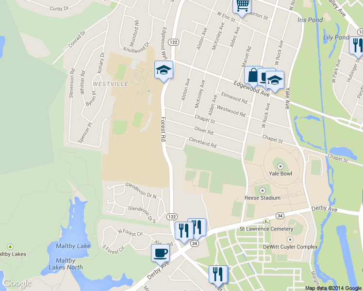 map of restaurants, bars, coffee shops, grocery stores, and more near 35 Roger Road in New Haven