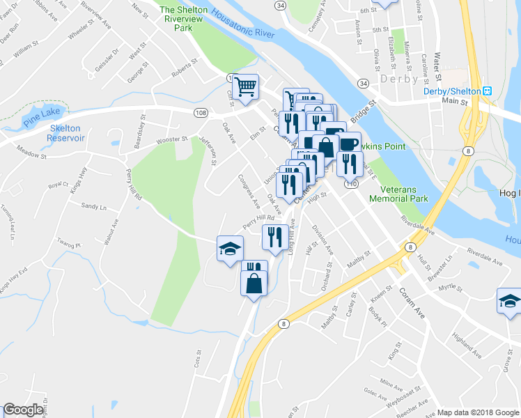 map of restaurants, bars, coffee shops, grocery stores, and more near 94 Wall Street in Shelton