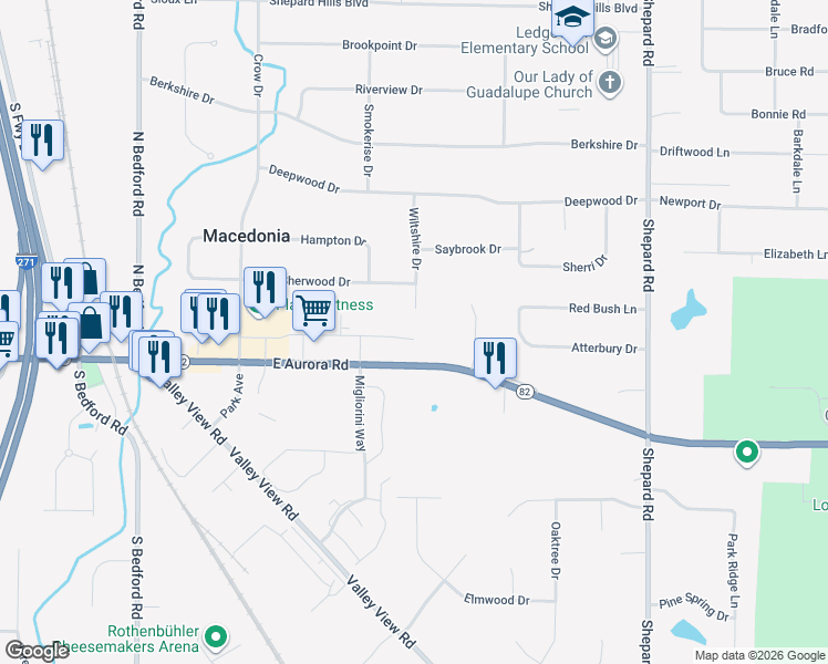 map of restaurants, bars, coffee shops, grocery stores, and more near 1129 East Aurora Road in Macedonia