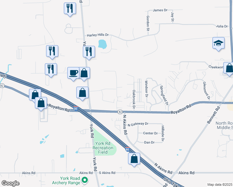 map of restaurants, bars, coffee shops, grocery stores, and more near 13753 Woodcroft Trace in North Royalton