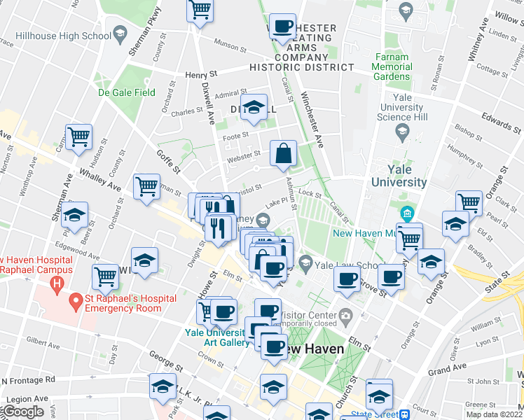 map of restaurants, bars, coffee shops, grocery stores, and more near Lake Place in New Haven