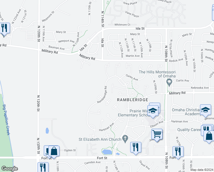 map of restaurants, bars, coffee shops, grocery stores, and more near 11567 Rambleridge Road in Omaha