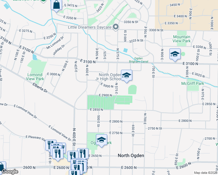 map of restaurants, bars, coffee shops, grocery stores, and more near 569 East 3000 North in Ogden