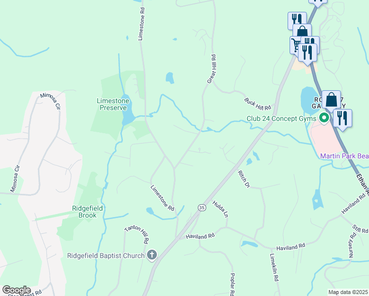 map of restaurants, bars, coffee shops, grocery stores, and more near 63 Great Hill Road in Ridgefield