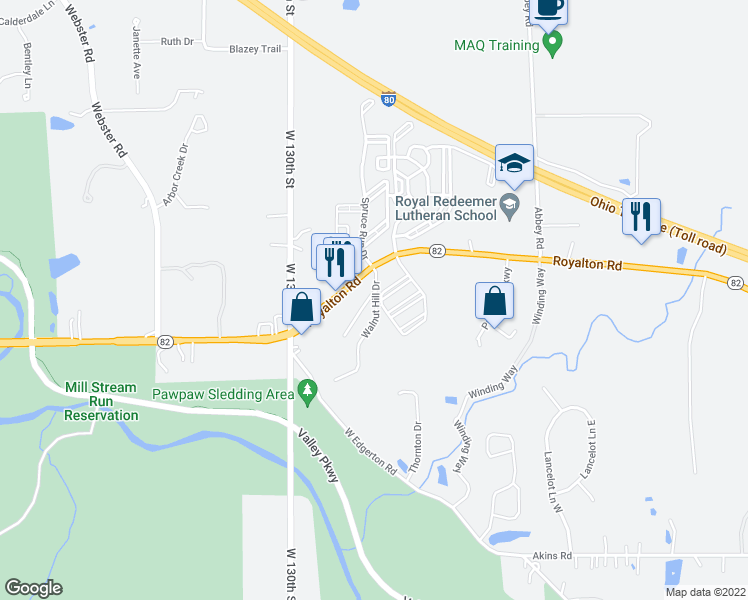map of restaurants, bars, coffee shops, grocery stores, and more near 106 Walnut Hill Drive in North Royalton