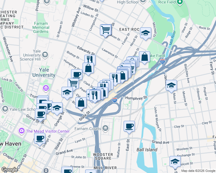 map of restaurants, bars, coffee shops, grocery stores, and more near 271 Humphrey Street in New Haven