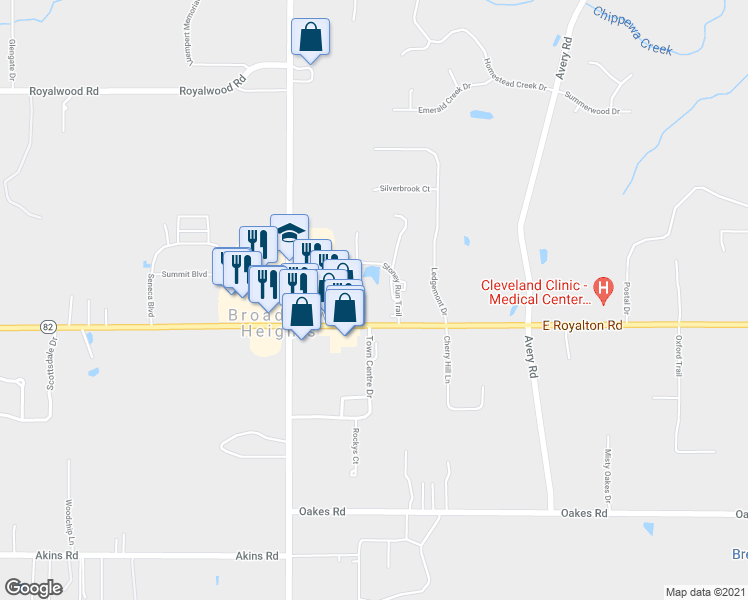 map of restaurants, bars, coffee shops, grocery stores, and more near 587 East Royalton Road in Broadview Heights
