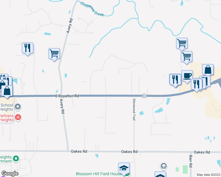 map of restaurants, bars, coffee shops, grocery stores, and more near 2801 East Royalton Road in Broadview Heights