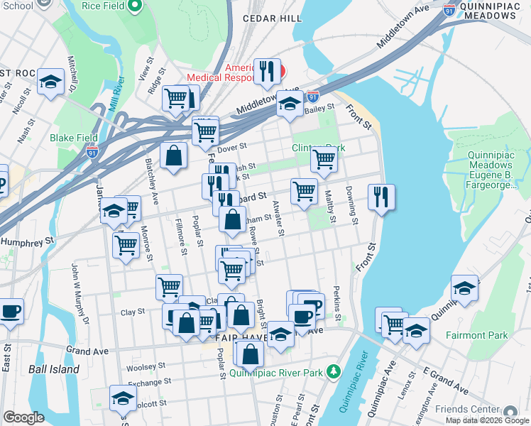 map of restaurants, bars, coffee shops, grocery stores, and more near 170 Chatham Street in New Haven