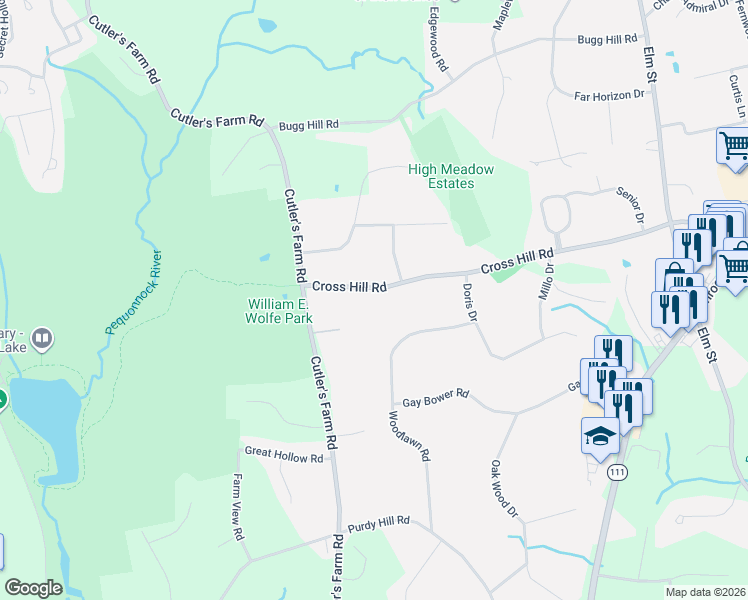 map of restaurants, bars, coffee shops, grocery stores, and more near 401 Cross Hill Road in Monroe