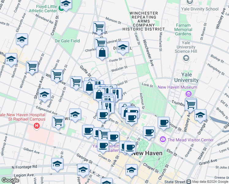 map of restaurants, bars, coffee shops, grocery stores, and more near 59 Dixwell Avenue in New Haven