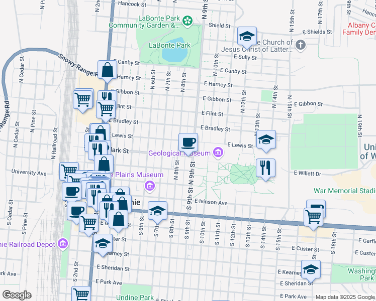 map of restaurants, bars, coffee shops, grocery stores, and more near 353 North 8th Street in Laramie