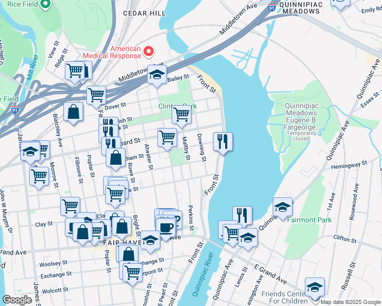 map of restaurants, bars, coffee shops, grocery stores, and more near 17 Grafton Street in New Haven