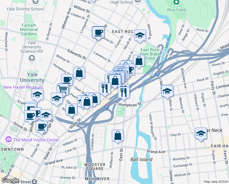map of restaurants, bars, coffee shops, grocery stores, and more near 943 State Street in New Haven
