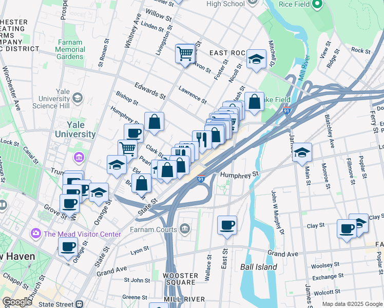 map of restaurants, bars, coffee shops, grocery stores, and more near 900 State Street in New Haven
