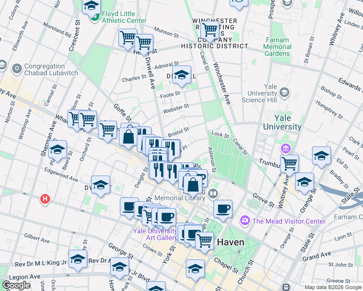 map of restaurants, bars, coffee shops, grocery stores, and more near 73 Lake Place in New Haven