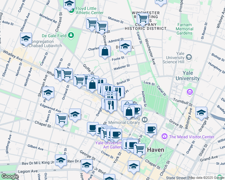 map of restaurants, bars, coffee shops, grocery stores, and more near 54 Dixwell Avenue in New Haven