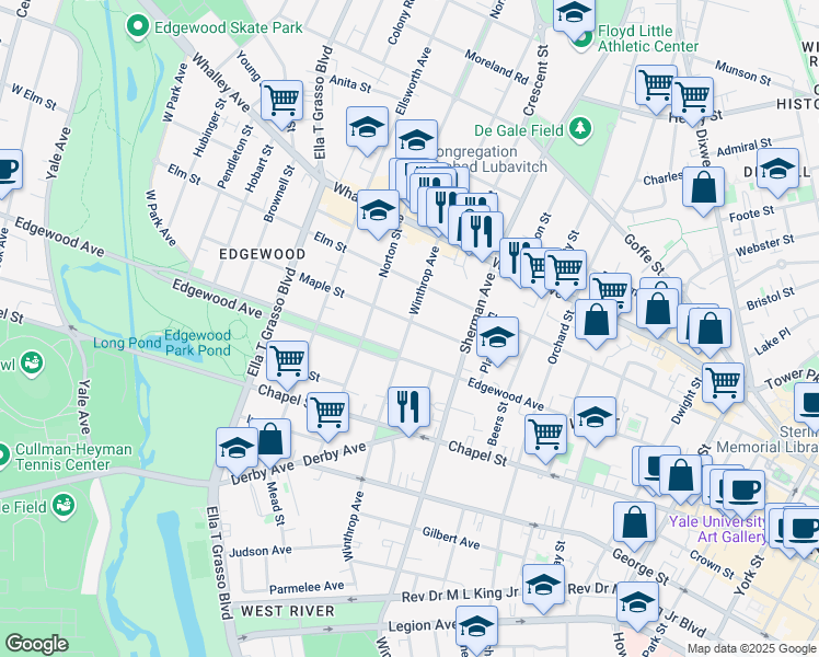 map of restaurants, bars, coffee shops, grocery stores, and more near 42 Maple Street in New Haven