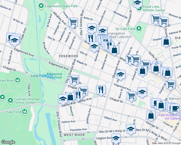 map of restaurants, bars, coffee shops, grocery stores, and more near 391 Edgewood Avenue in New Haven