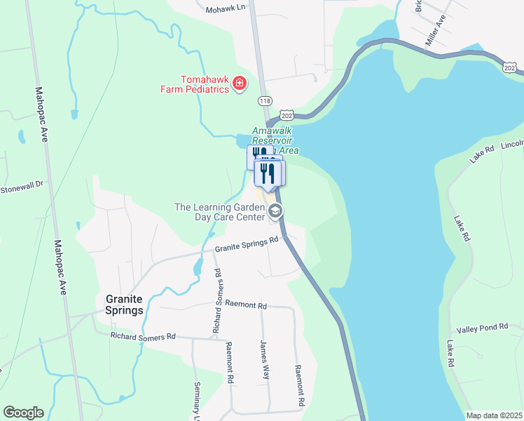 map of restaurants, bars, coffee shops, grocery stores, and more near 3 Old Tomahawk Street in Yorktown Heights