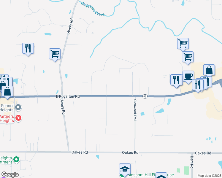 map of restaurants, bars, coffee shops, grocery stores, and more near 2801 East Royalton Road in Broadview Heights