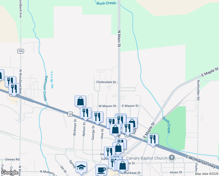 map of restaurants, bars, coffee shops, grocery stores, and more near 114 Rawlins Way in Clyde