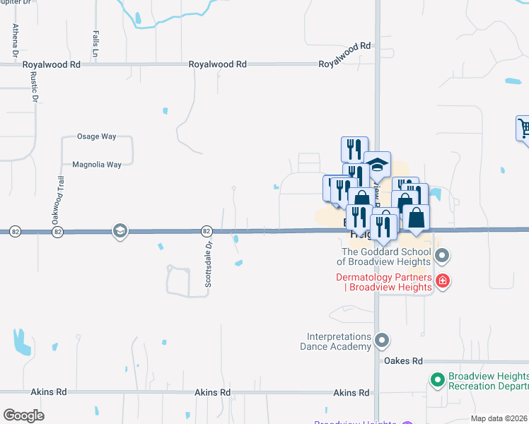 map of restaurants, bars, coffee shops, grocery stores, and more near 1550 West Royalton Road in Broadview Heights