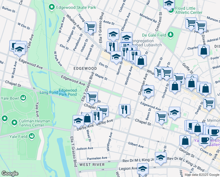 map of restaurants, bars, coffee shops, grocery stores, and more near 391 Edgewood Avenue in New Haven