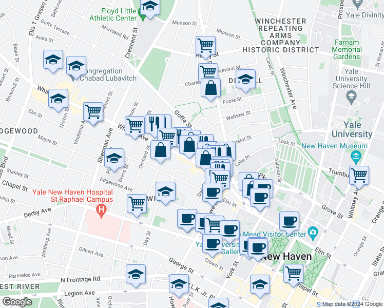 map of restaurants, bars, coffee shops, grocery stores, and more near 103 Whalley Avenue in New Haven