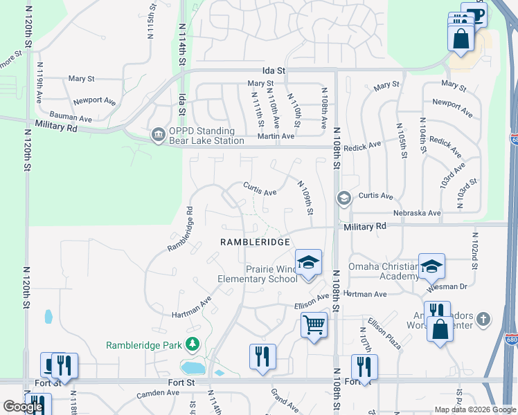 map of restaurants, bars, coffee shops, grocery stores, and more near 6213 North 111th Circle in Omaha