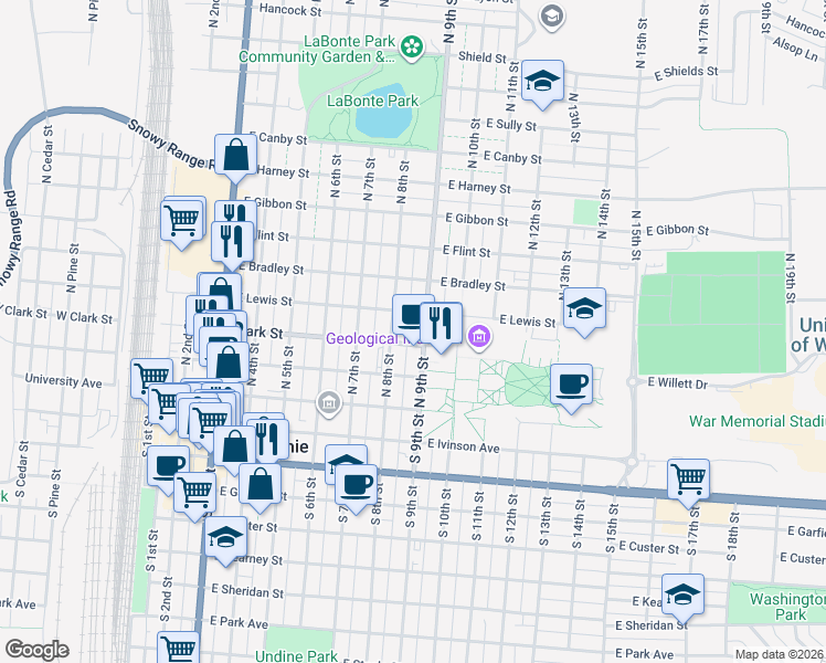 map of restaurants, bars, coffee shops, grocery stores, and more near 353 North 8th Street in Laramie