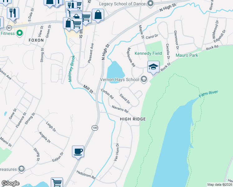 map of restaurants, bars, coffee shops, grocery stores, and more near 17 David Drive in East Haven