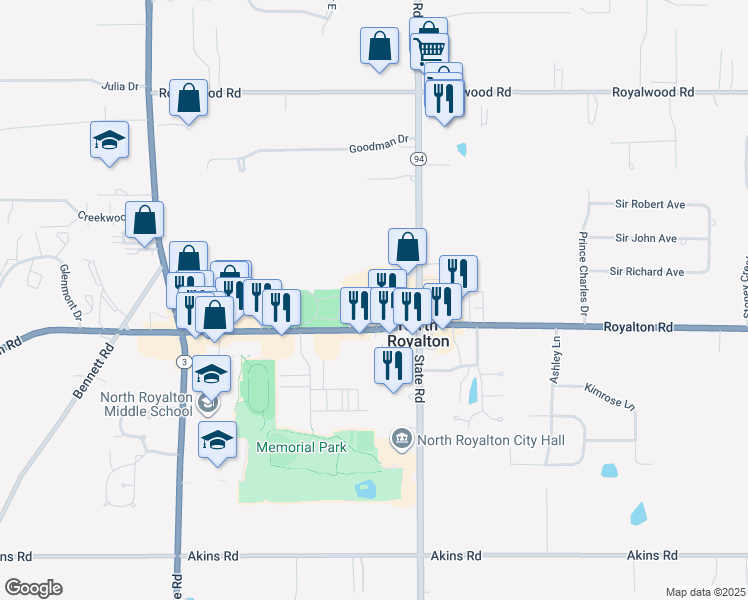 map of restaurants, bars, coffee shops, grocery stores, and more near 6000 Royalton Road in North Royalton