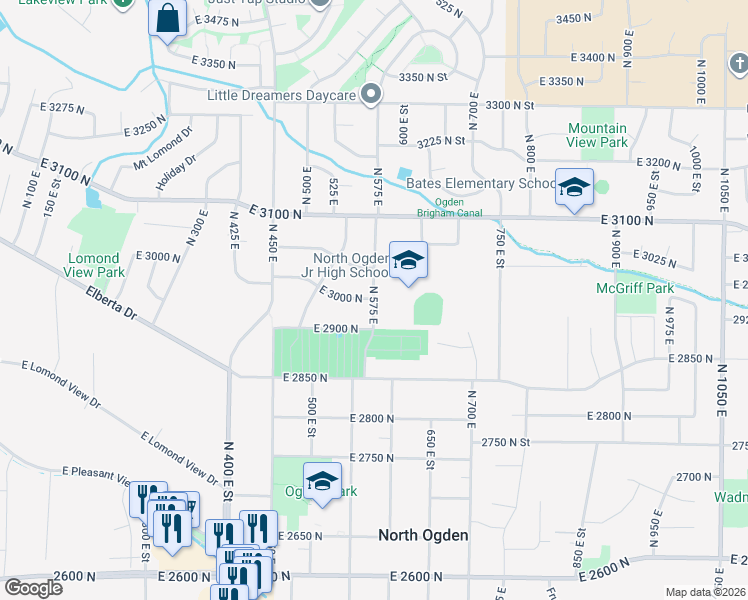 map of restaurants, bars, coffee shops, grocery stores, and more near 2998 575 East Street in North Ogden