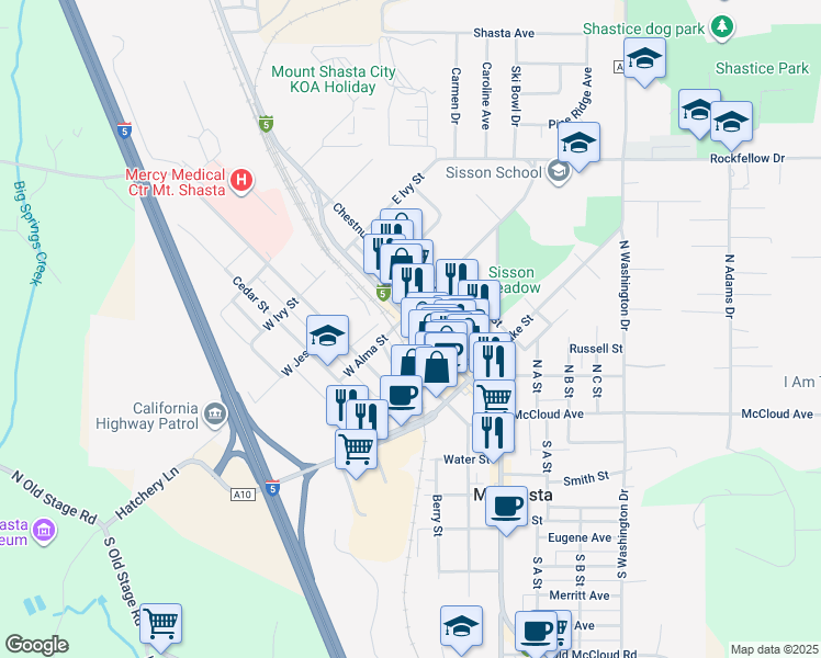 map of restaurants, bars, coffee shops, grocery stores, and more near 415 North Mount Shasta Boulevard in Mount Shasta