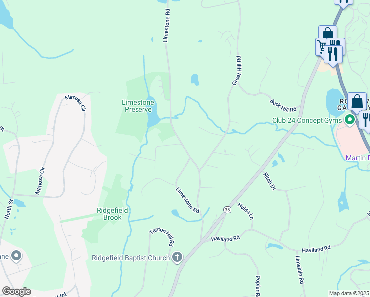 map of restaurants, bars, coffee shops, grocery stores, and more near 108 Limestone Road in Ridgefield