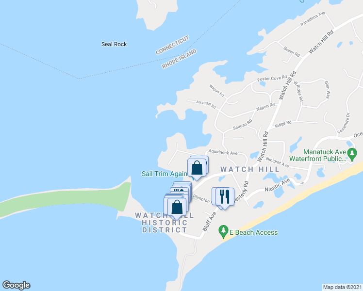 map of restaurants, bars, coffee shops, grocery stores, and more near 6 Waters Edge Road in Westerly