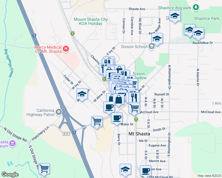 map of restaurants, bars, coffee shops, grocery stores, and more near 415 North Mount Shasta Boulevard in Mount Shasta