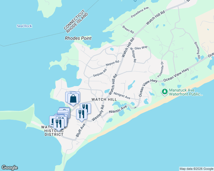 map of restaurants, bars, coffee shops, grocery stores, and more near 9 Noonatch Road in Westerly
