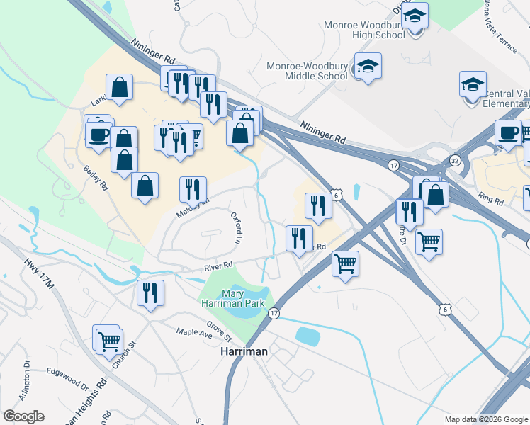 map of restaurants, bars, coffee shops, grocery stores, and more near 40 Brookside Drive West in Harriman