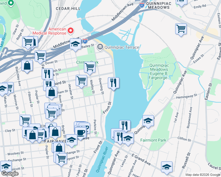 map of restaurants, bars, coffee shops, grocery stores, and more near 306 Front Street in New Haven