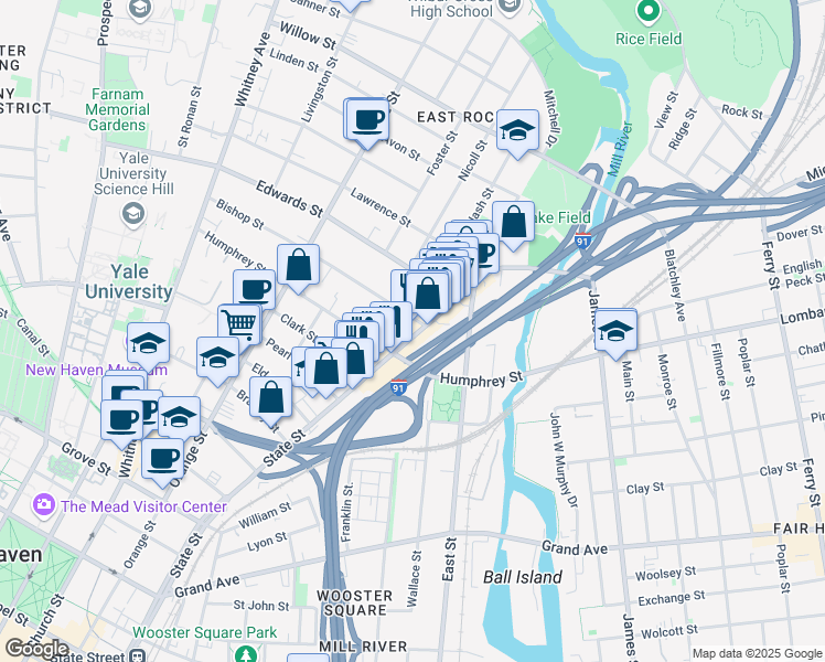 map of restaurants, bars, coffee shops, grocery stores, and more near 924 State Street in New Haven