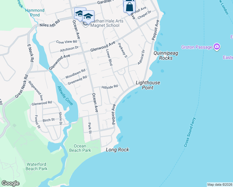 map of restaurants, bars, coffee shops, grocery stores, and more near 925 Pequot Avenue in New London