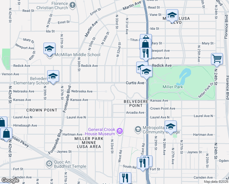 map of restaurants, bars, coffee shops, grocery stores, and more near 3215 Belvedere Boulevard in Omaha